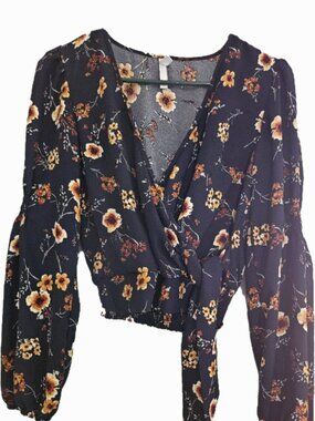 Xhilaration Blue Orange Floral Long Sleeve Top Size S